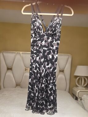 Lyndia Procanik  Silk Black & White Leaf-Print  Midi Dress with Double Straps